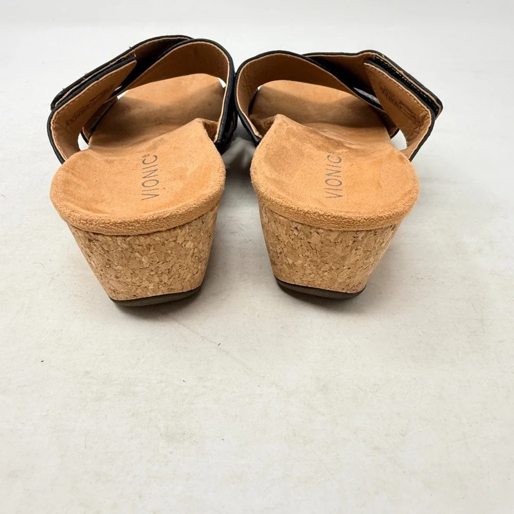 Vionic Black Leather Wedge Sandals Cork 8 Orthopedic Comfort Slides Supportive